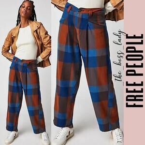 Free People pants plaid slouchy trousers pleated cotton
